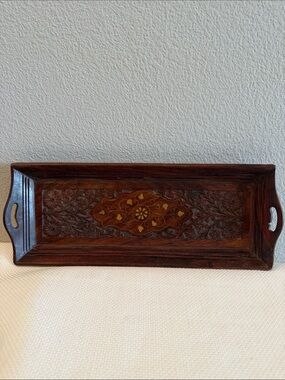 Vintage Indian Hand Carved Wooden Serving Tray w/ Inlay 15.5" x 6.5" Dark Brown